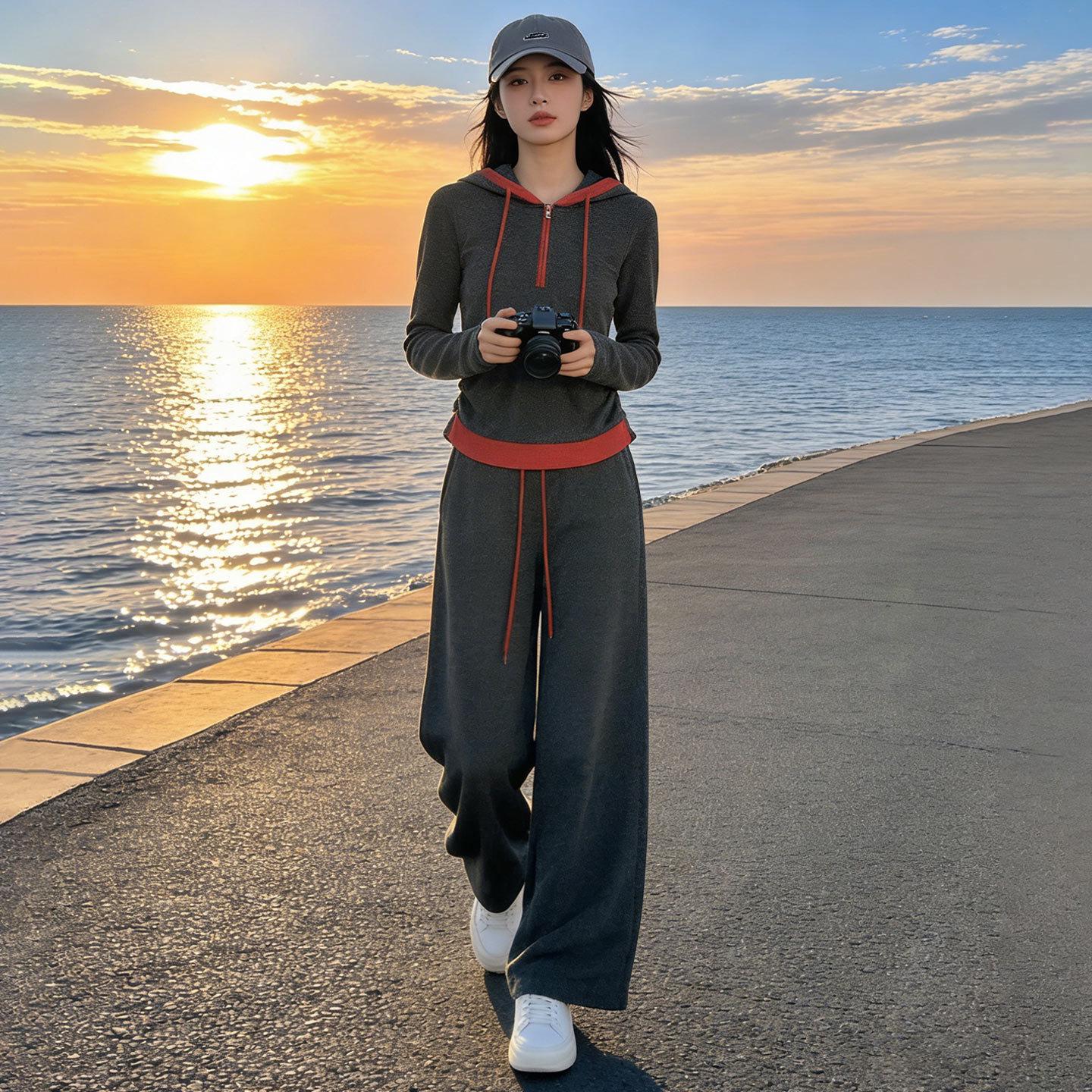 European Chic Women s Slimming Grey Hoodie & Wide-Leg Pants Set - Spring 2026 S