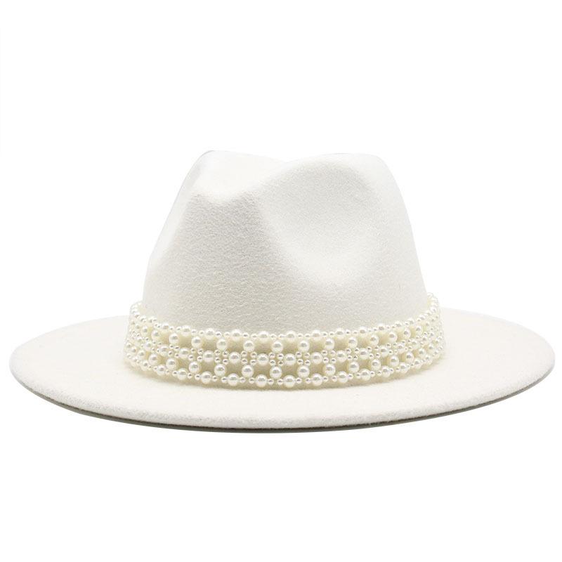 High-Grade Pearl Woolen Top Hat, Flat-Brimmed Big Eave Hat, Versatile Straight-Brimmed Jazz Hat