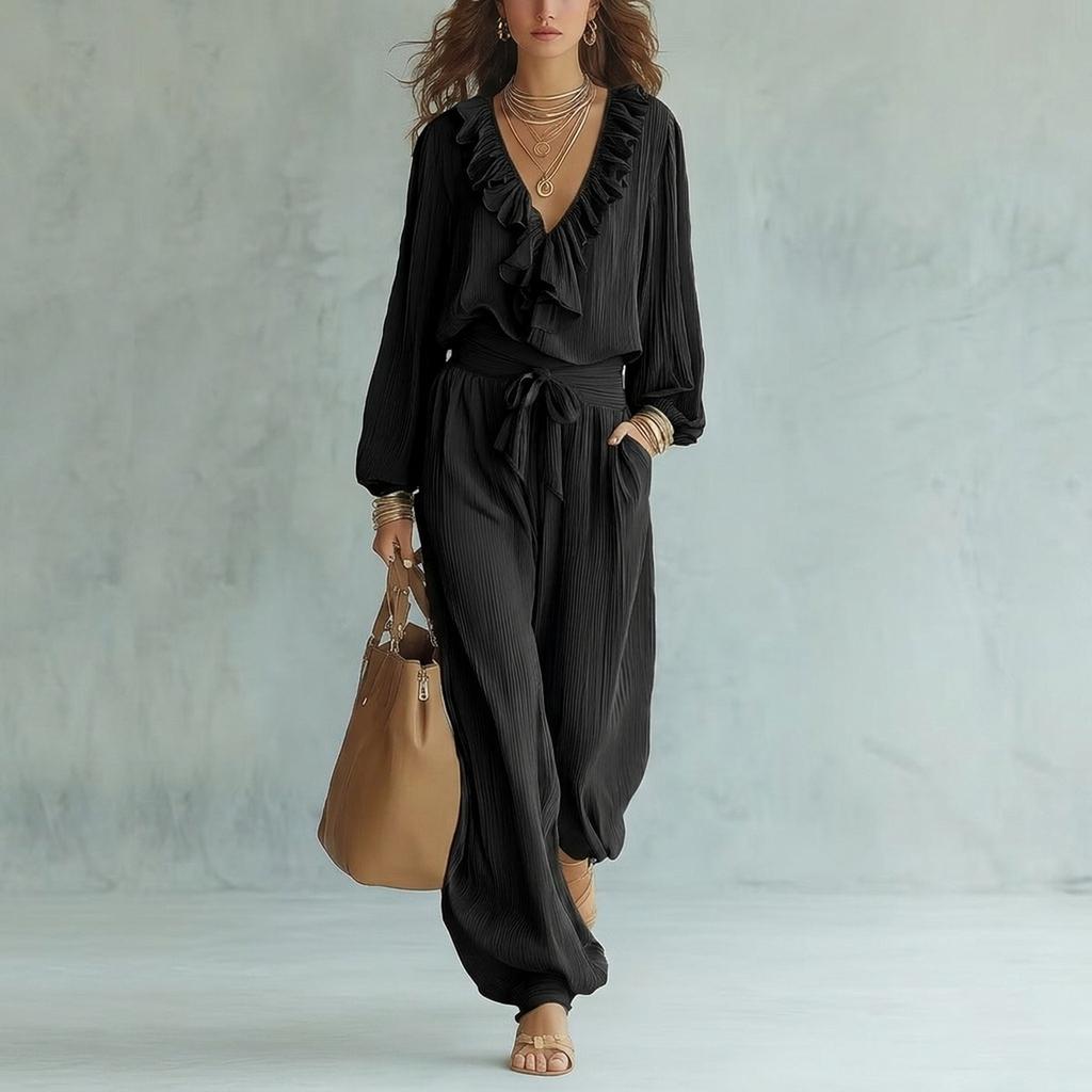 Tuta da donna con scollo a V, maniche lunghe, volant, vita alta, cintura da annodare, caviglie con polsini, per uso casual quotidiano