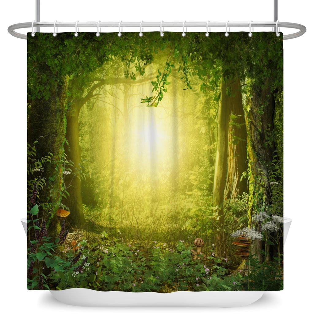 Tropical Forest Shower Curtain Natural Scenery Waterproof Trees Moss Bathroom Partition Screen Bath Curtain Polyester With Hooks