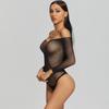 Women Sexy Rhinestone Mesh Bodysuits Sheer Fishnet Sleeve Scoop Neck Black See-Through Lingerie Party Clubwear Exotic Nightwear