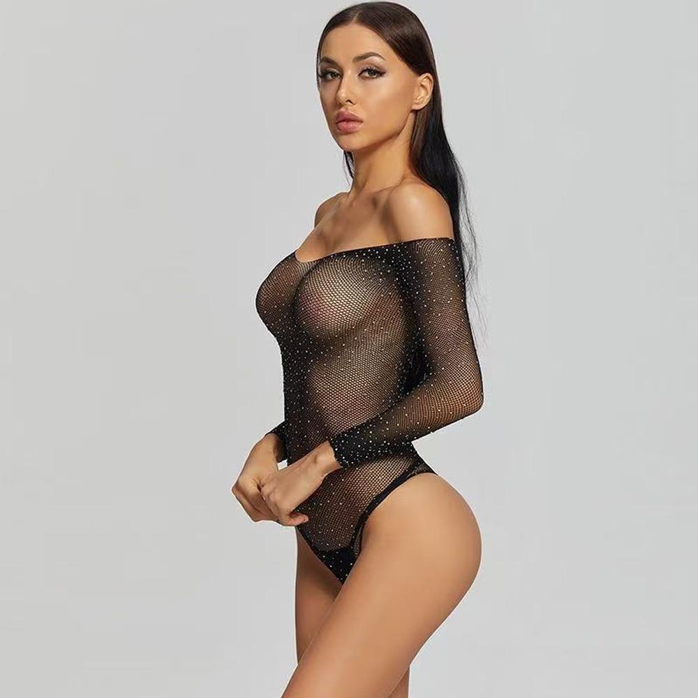 Women Sexy Rhinestone Mesh Bodysuits Sheer Fishnet Sleeve Scoop Neck Black See-Through Lingerie Party Clubwear Exotic Nightwear