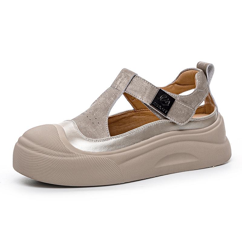 Sandálias de verão novas com sola grossa, bico de bolsa, sapatos de cobertura de leite, ocos, respiráveis, casuais retrô, sapatos de plataforma