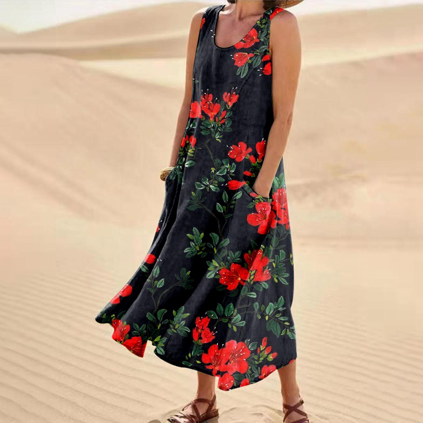 

Women s Fashion Casual Colour Sleeveless Cotton Linen Pocket Dress S червоний