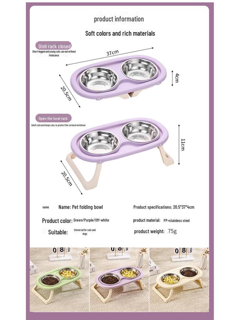 Stainless Steel Elevated Cat Bowl: Foldable Double Bowls for Food & Water, Cervical Protection