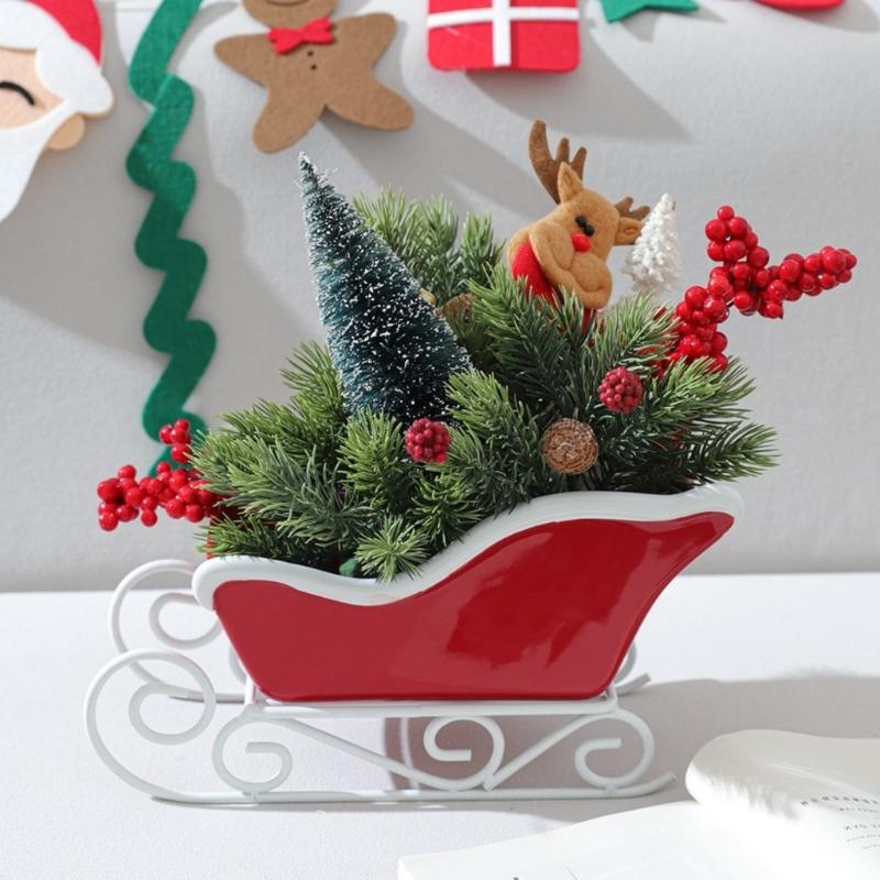 Ceramic Sleigh Flowerpot Decorative Christmas Decoration Entryway Key Holder Tray For Mantels Holiday Table Centerpieces