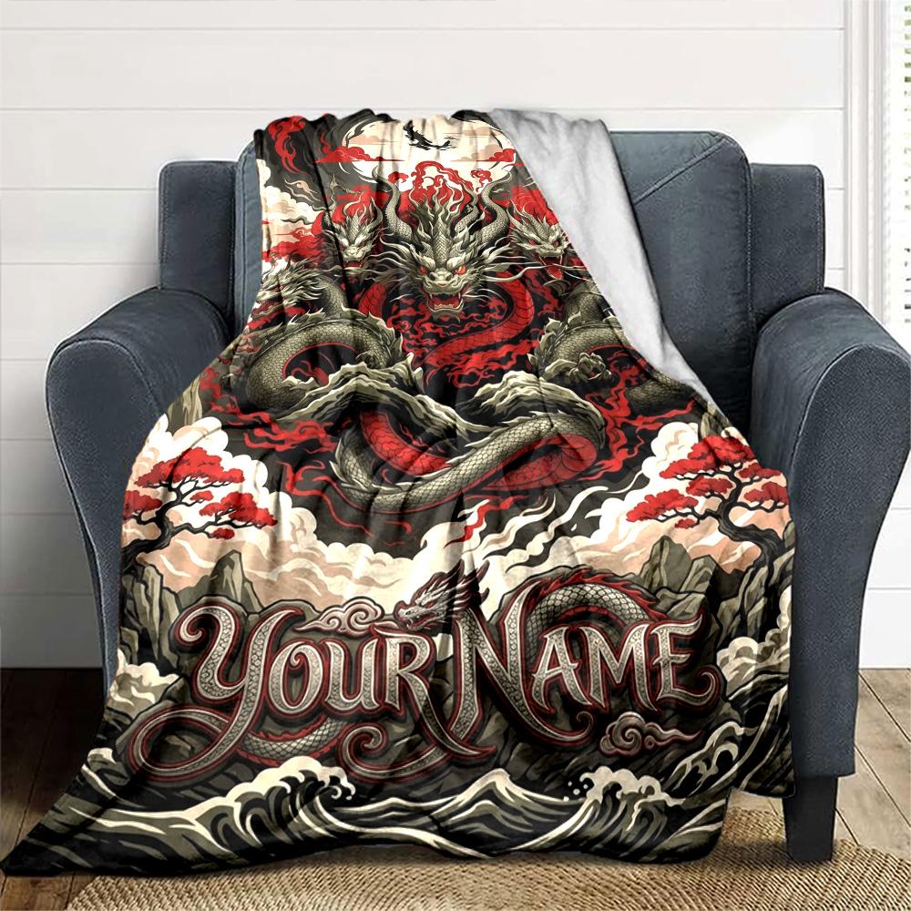 Name Custom Dragon Art Print Flannel Blanket High Quality Warm Comfortable Cover for All Seasons Perfect for Gifts Home Decor