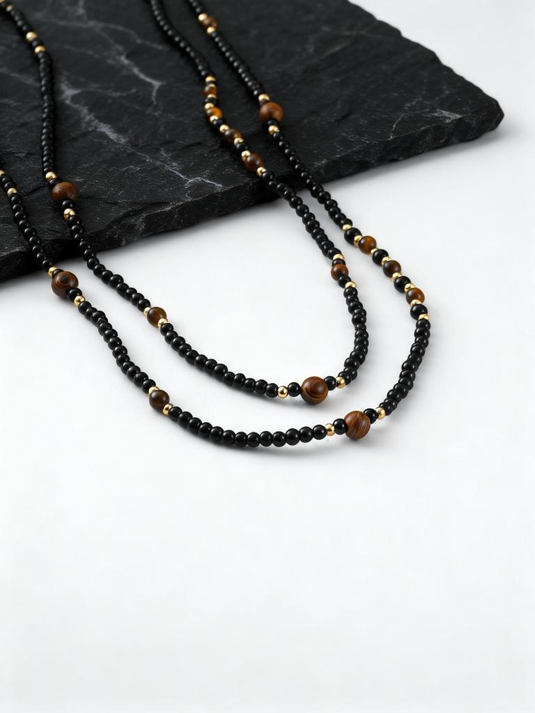 Ethnic Men's Black Natural Stone Long Chain Necklace,Vintage Two-layers Beaded Collars,Jewelry Gift for Huasband Dad Him