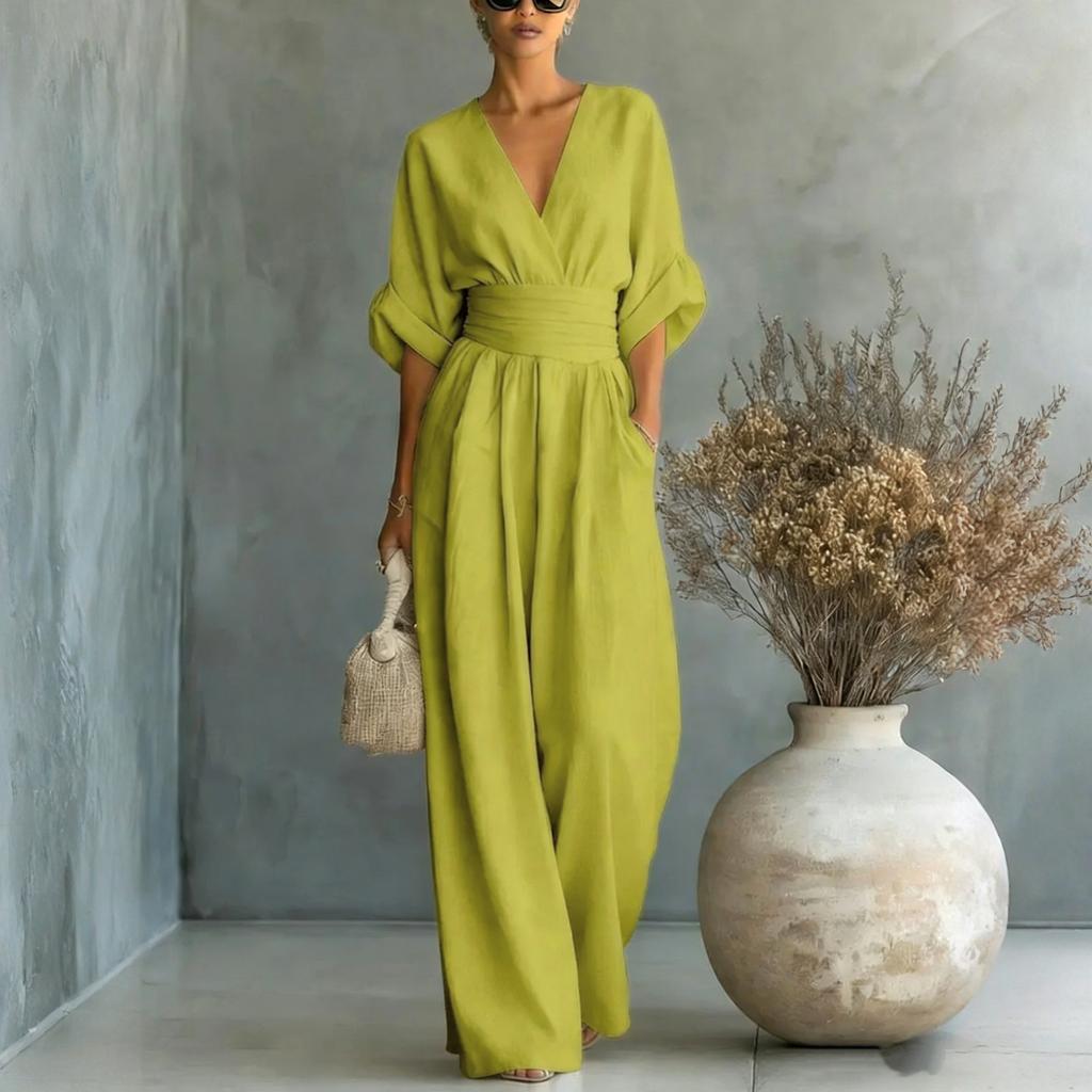 Women’s Wide Leg V Neck Jumpsuit with Waist Detail Elegant Loose Fit One Piece Outfit for Daily and Formal Occasions