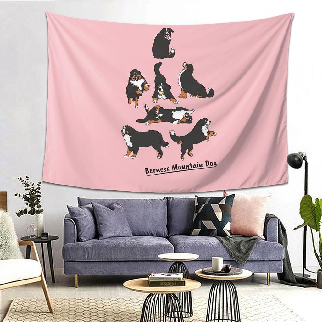 Playing Bernese Mountain Dog Pink Background Tapestry Decoration Art Aesthetic Tapestries Home Wall Cloth Wall Hanging