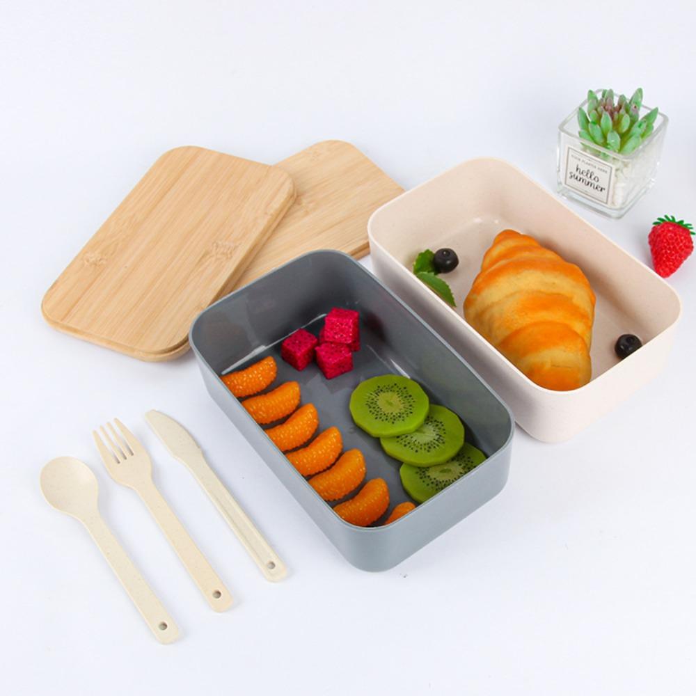 Wheat Straw Food Storage Box Bamboo Wood Cover Lunch Box Japanese Style   School Office