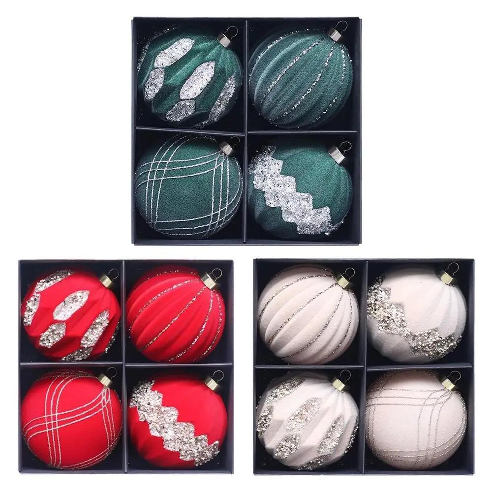 4pcs 10cm Flocking Christmas Balls Set Red Green Christmas Tree Ornaments Merry Christmas Decor
