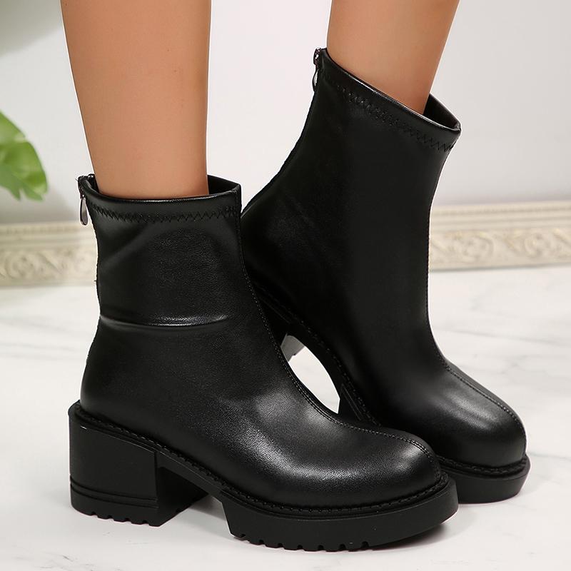 Fashion Fashion Thick Heels Ankle Boots Women 2025 Back Zipper Plus Size 35-42 Pu Leather Boots Woman Round Toe Platform Booties Mujer