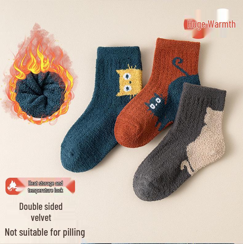 3-Pack Children's Cocoa Cat Terry Socks: Thickened, Warm Winter Mid-Calf for Boys & Girls