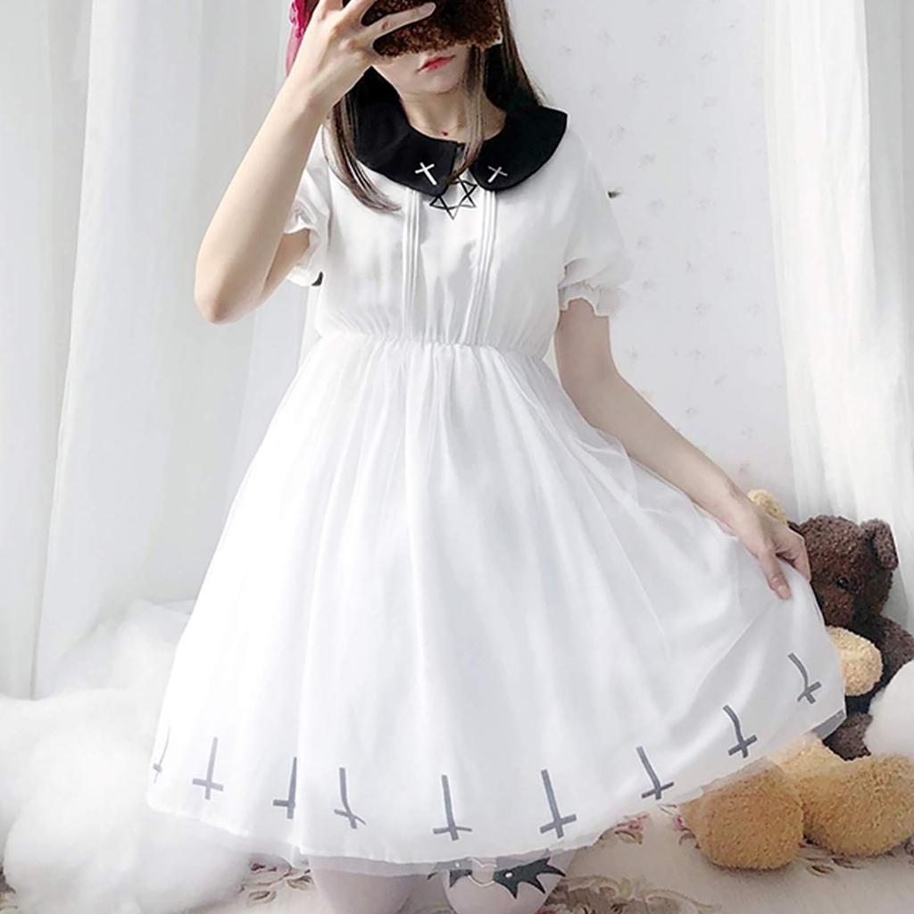 Milky Time Women's Dark Gothic Lolita Dress with Hexagram Design, Halloween Costume (White, Short Sleeves, Size M)