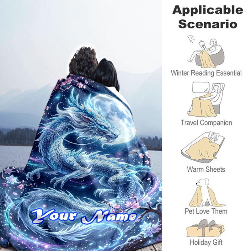 1PC Custom Name Ethereal Dragon Moonlit Night outdooor Flannel blankets Throw Blanket All-Season Throw Gift Bedspread for Couch, Bed, Camping Holiday