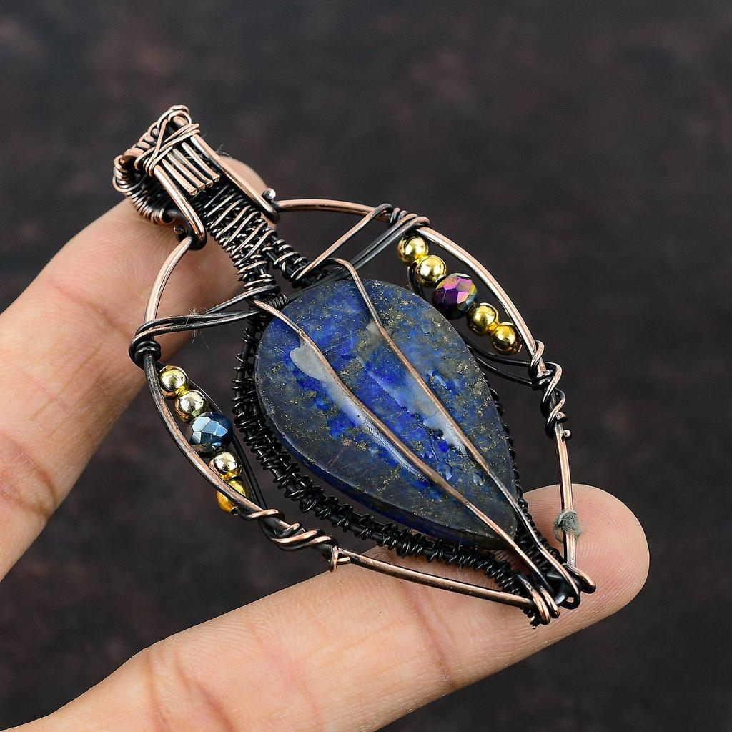 Lapis Lazuli Pendant Copper Wire Wrapped Pendant Titanium Beads Pendant Gemstone Copper Jewelry Designer Pendant Handmade Wire Wrap Jewelry