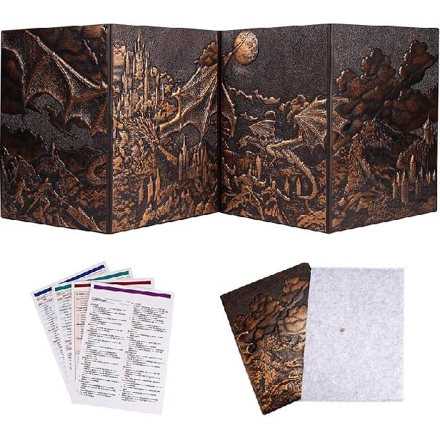 Экран Мастера Подземелий DND 5e, 3D Экран Мастера D&D из Искусственной Кожи, 4 Панели с Карманами для Dungeons and Dragon, Подарок-Аксессуар для GM RPG В Комплекте медный