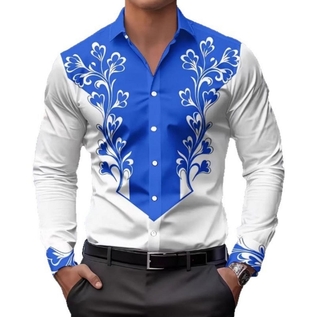 Trendy Men's Long-sleeve Button-up Shirt with Intricate Decorative Floral Patterns