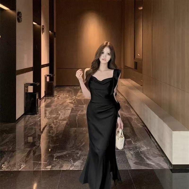 2025 Sukienka w stylu francuskim z satynowym paskiem i dekoltem typu swing Letnia Nowy Design Elegancka Sukienka Midi podkreślająca talię