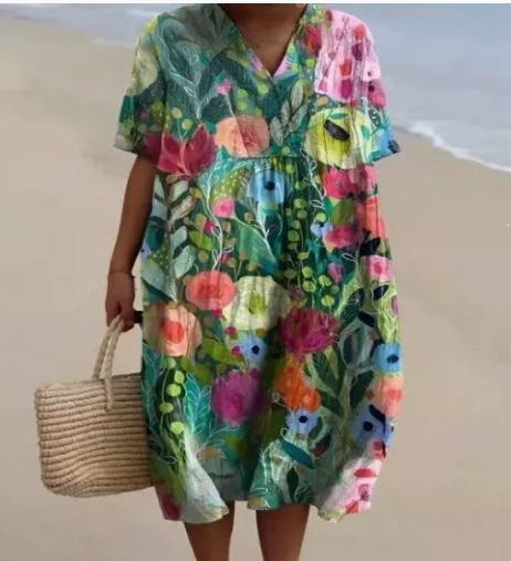 New Imitation Cotton Large Size Women's Shirt Short Sleeve Dress Ocean Vacation Company