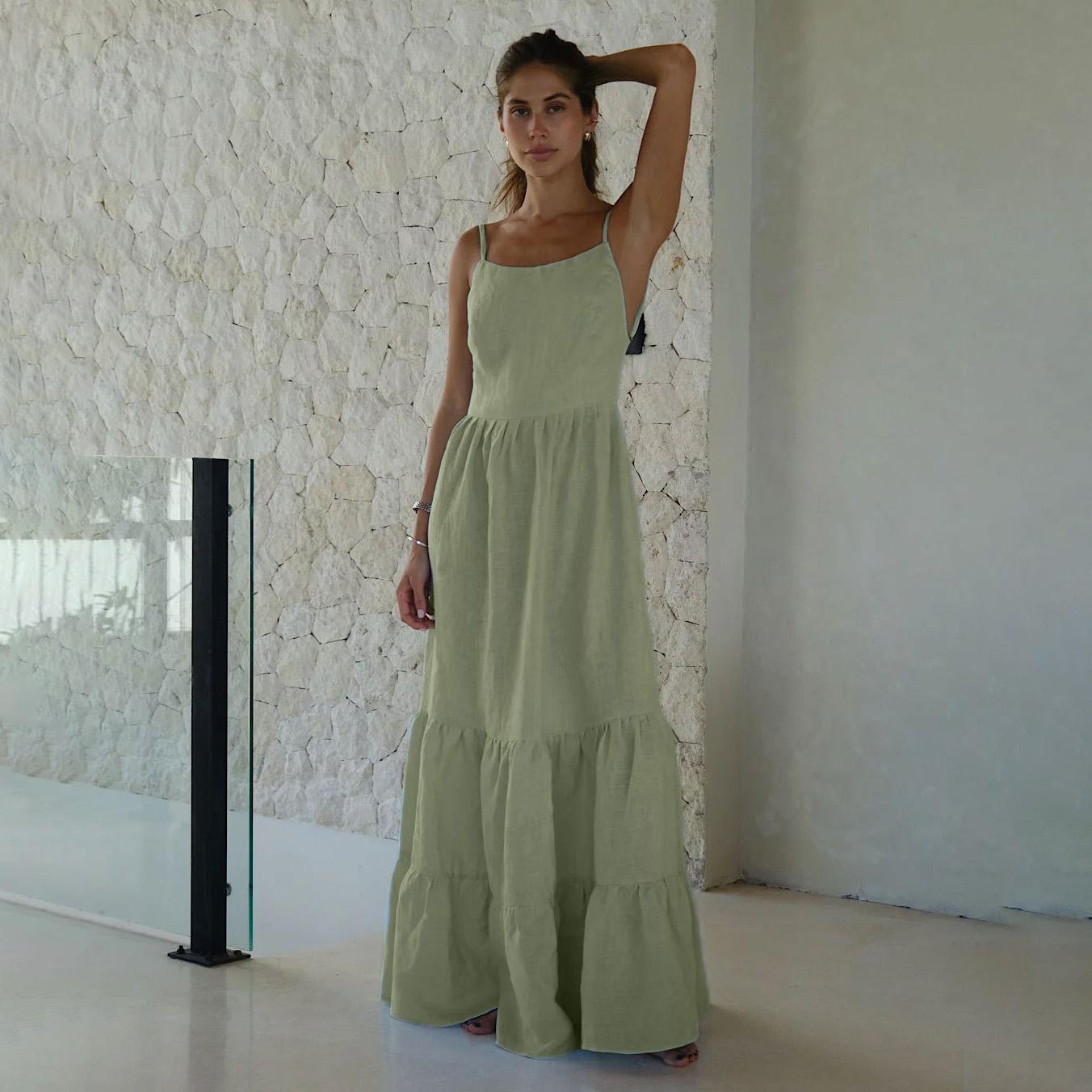 

Женское однотонное платье без рукавов длиной до щиколотки с круглым вырезом и высокой талией L светло-зеленый