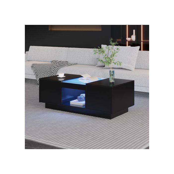 Table basse noire 100x50x35,5 cm - avec couvercle en verre, éclairage LED, 2 tiroirs et 1 compartiment ouvert