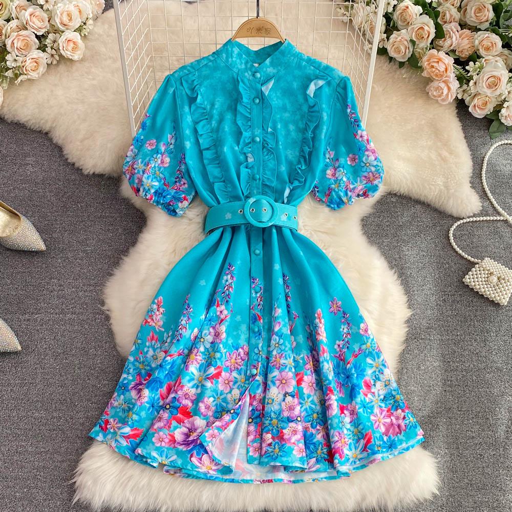 

Женское летнее модное однобортное вечернее платье с воротником-стойкой и короткими синими праздничными платьями с поясом