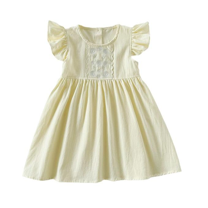 Exquisite Floral Embroidered Cotton Puff Sleeve Girls' Dress - Korean Style Summer 2026 Princess Skirt