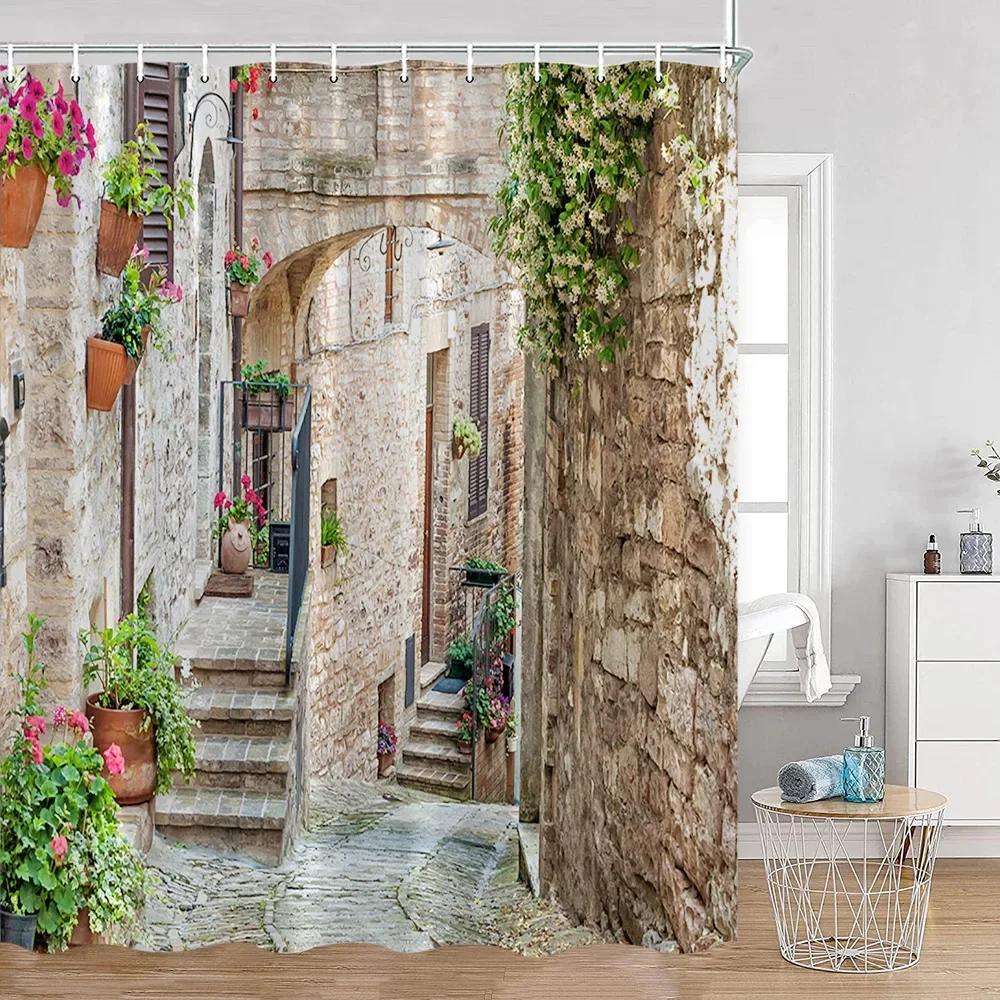 Vintage European Style Street View Shower Curtain Street View Old Stone Wall Plant Bathroom Curtain Bath Decoration