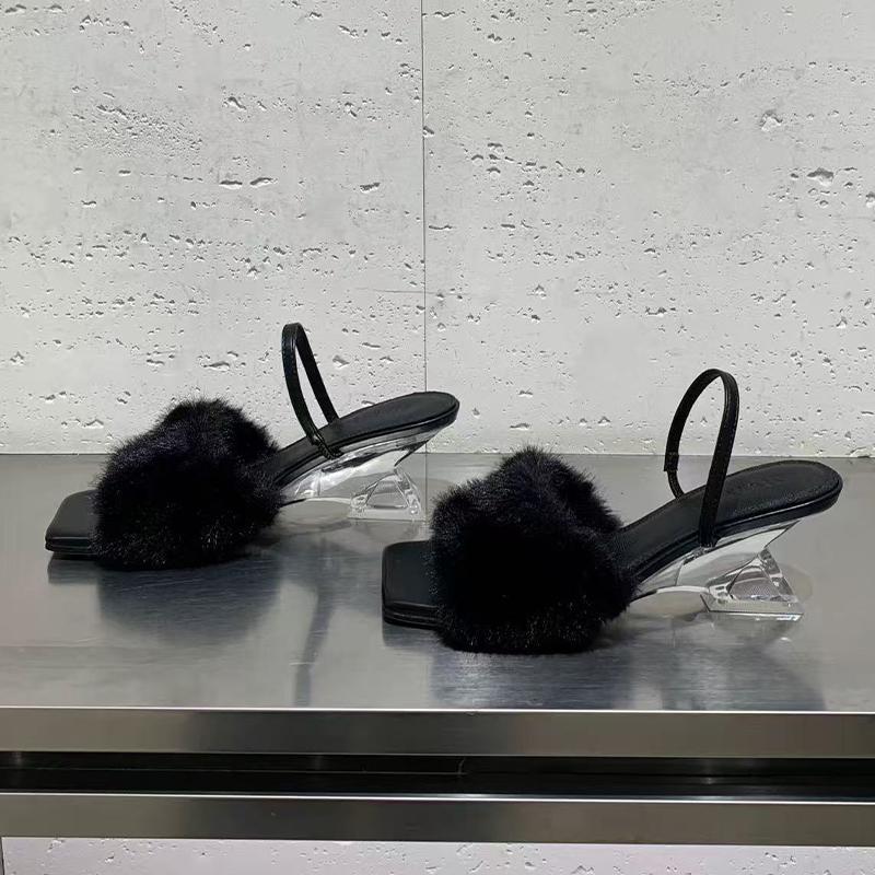 Fur Women Slippers Mid Heels Designer Shoes Dress New Woman Sandals 2025 Summer Elegant Pumps Luxury Zapatillas De Mujer