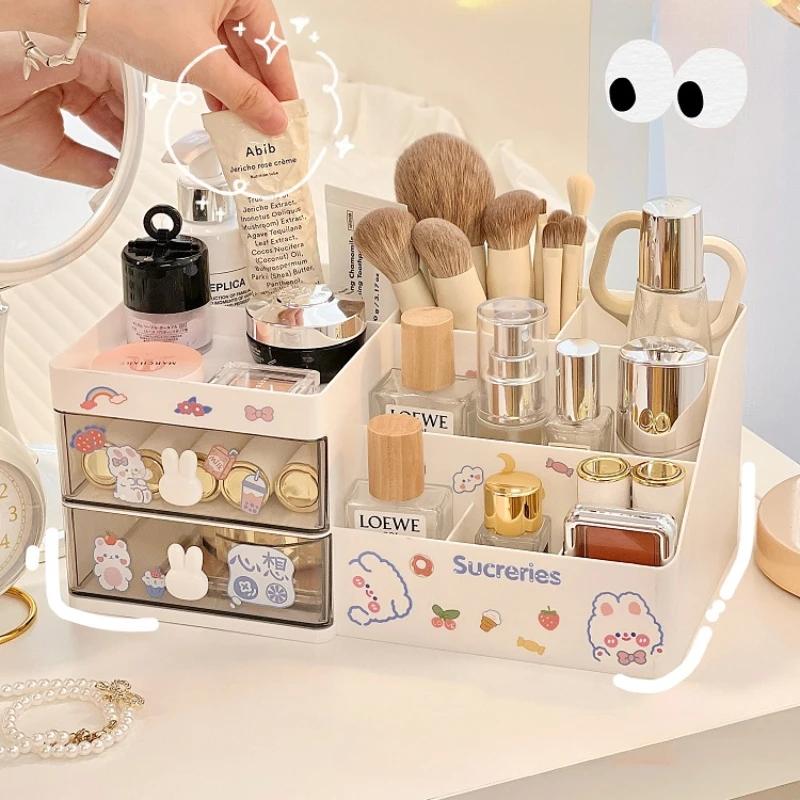 Desktop Cosmetic Storage Box Organizer Drawer Office Storage Rack Stationery Organizer Pen Holder Bunny Drawer Organizer Cute
