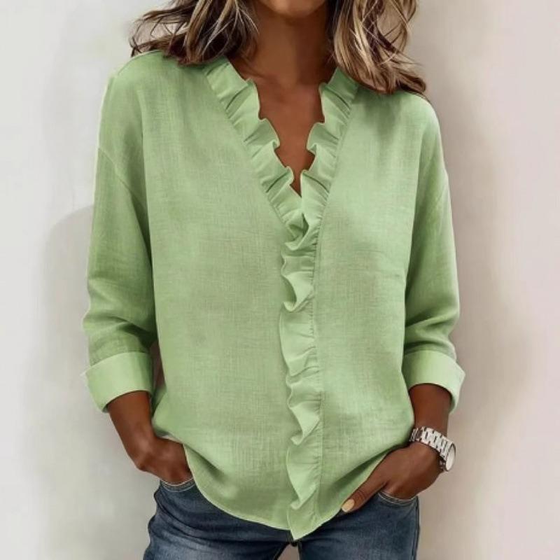 Blusa de Mujer de Aspecto Lino Manga 3/4 Casual Cuello en V Adorno de Volantes Camisa de Botones