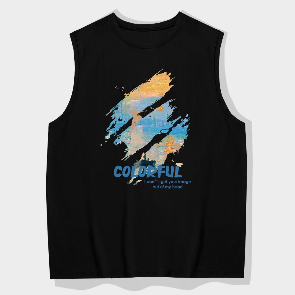 Seaside scenery summer sleeveless men s t-shirt trendy ins hip-hop printed t-shirt pure cotton loose vest men 155XXS
