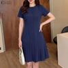 ZANZEA Women Casual Round Neck Solid Color Short Sleeve Pleated Dress