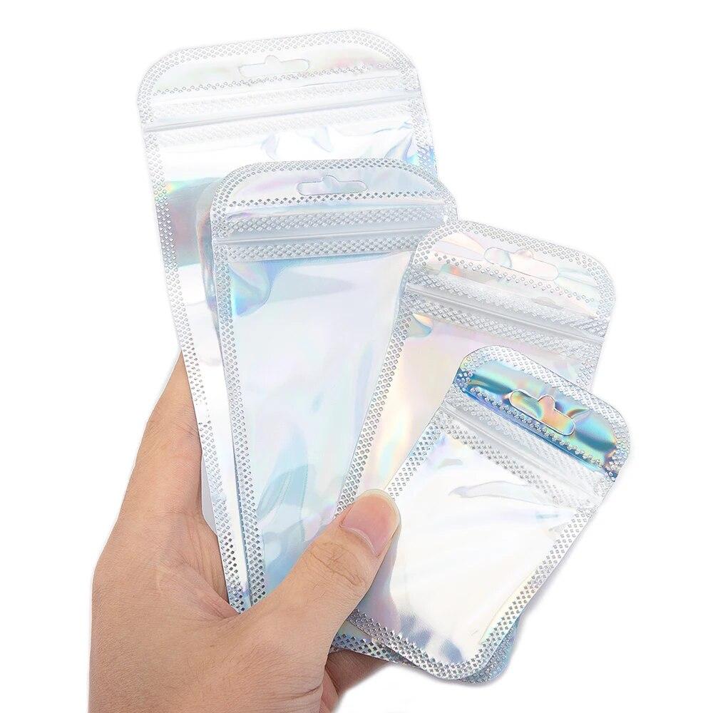 

50pcs Iridescent Ziplock Bags Transparent Display Plastic Bags Laser Self Seal Pouches DIY Jewelry Storage Accessories Packaing 6.5x10cm(5.5x7.5)