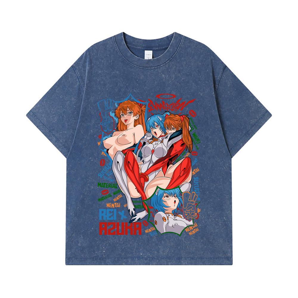 T-shirt Lavate 275 GSM 100% Cotone Evangelion V9 Asuka Rei Stampa Waifu Unisex T-shirt in Cotone Pesante