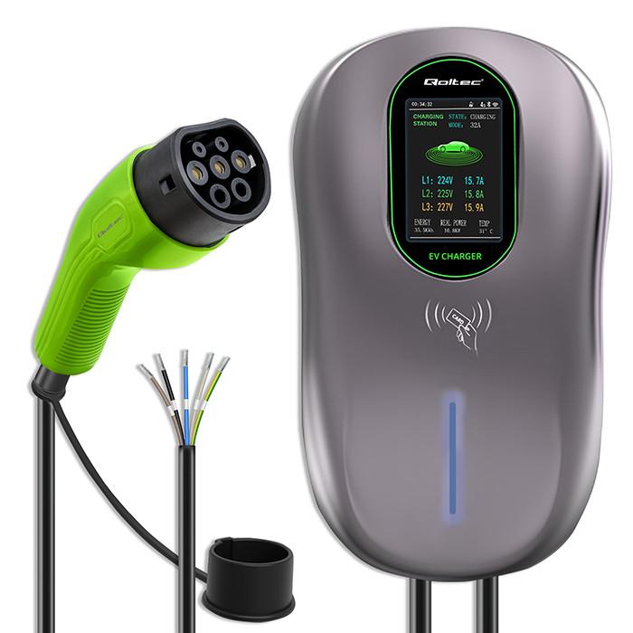 Qoltec Stacja ładowania EV 2w1 Typ2 | 22kW | Wi-fi| Smart life APP | LCD | RFID | 3 fazy | Wallbox | 5m