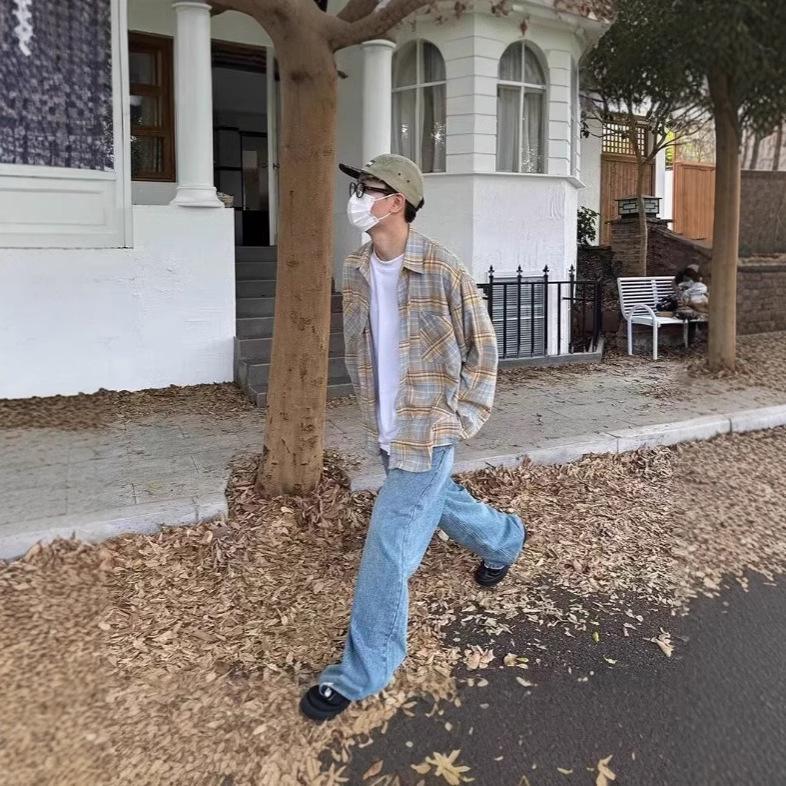 

Мужская рубашка в клетку в стиле ретро с отложным воротником и длинными рукавами - Повседневная весенняя куртка L жёлтый