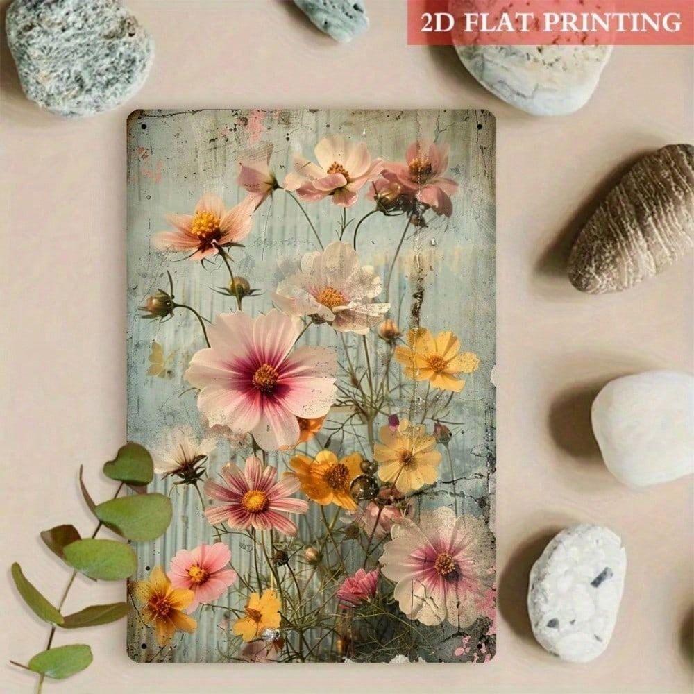 

Vintage Metal Poster Wall Art, Cosmos Flower Decor for Living Room