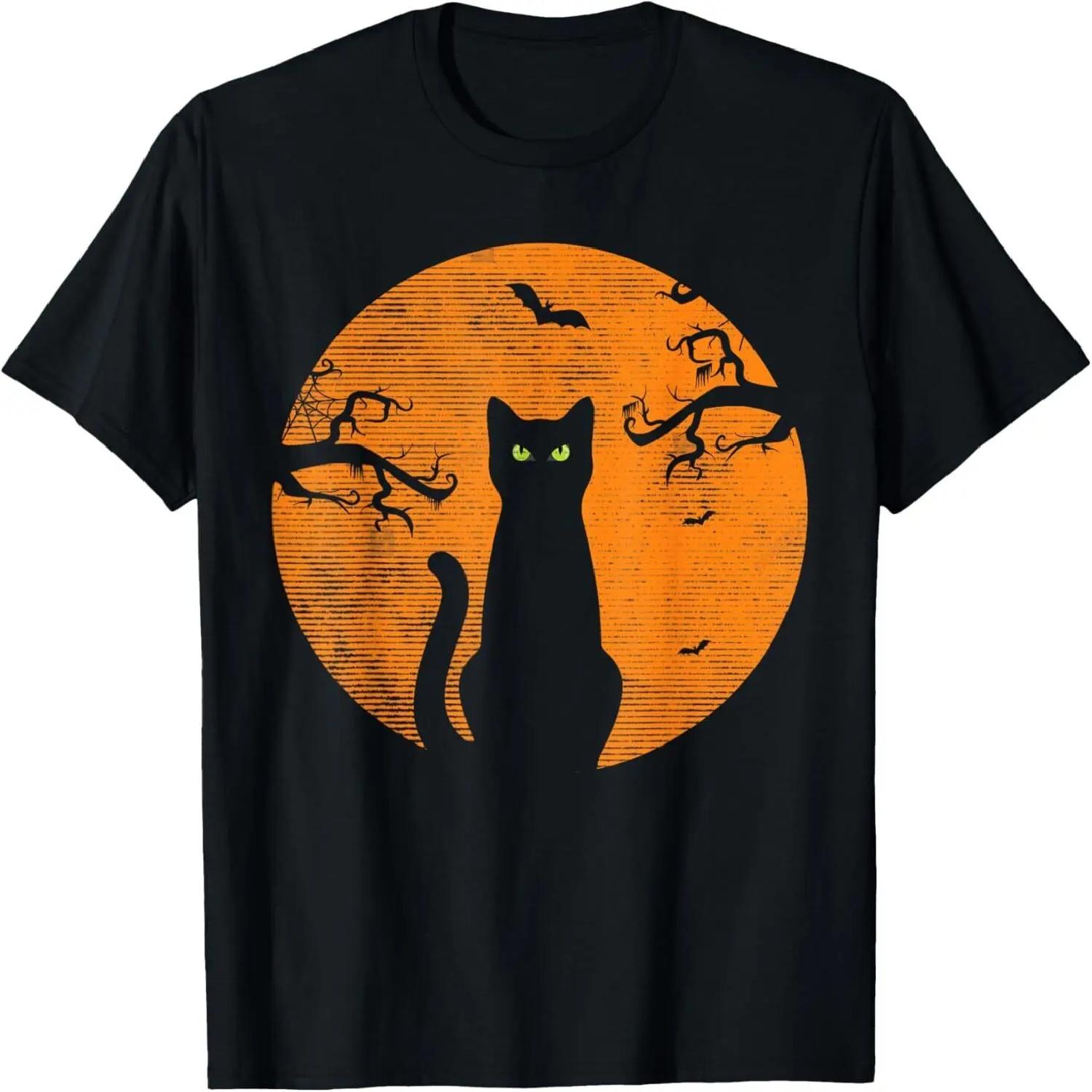 Vintage Scary Halloween Cat Costume Retro Cat Moon T-Shirt S