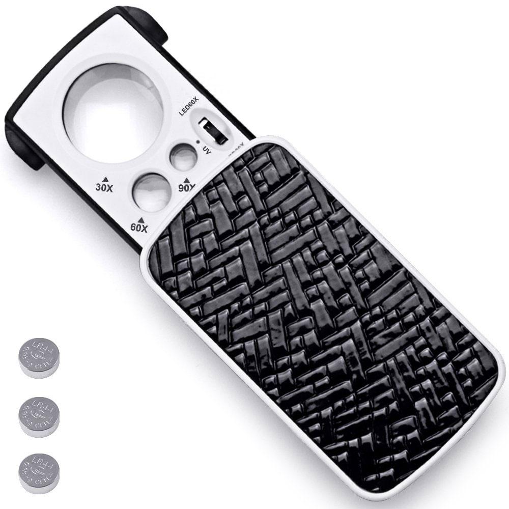 30X 60X 90X Pocket Jewelry Magnifier with UV LED Light Slide Out Magnifying Glass Optical Lens Loupe for  Diamonds Coins Stamps