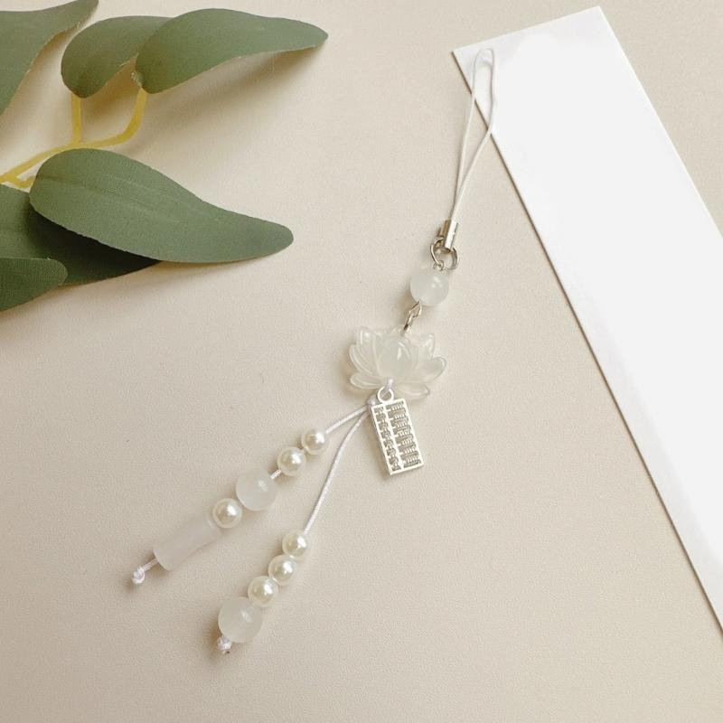 Lotuses Flower Phone Charm Ancient Style Keychain Pendant with Acrylic Beads Handmade Beaded Cellphone Lanyard