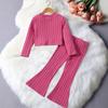 Girls Autumn Short Long-Sleeved Suit Fleece-Lined Warm Bell-Bottom Pants Spring Fall Butterfly Rose Red Home Casual Outing Versatile Two-Piece Set
