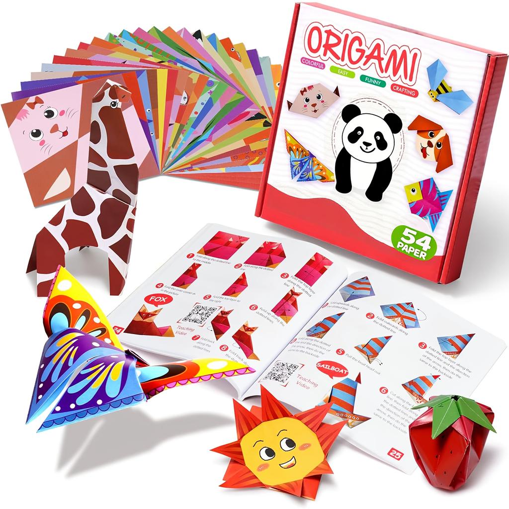 Colorful Origami Set Including 54 Sheet Double-Sided Origami And Instruction Booklet Suitable for DIY Art And Craft Holiday Gift