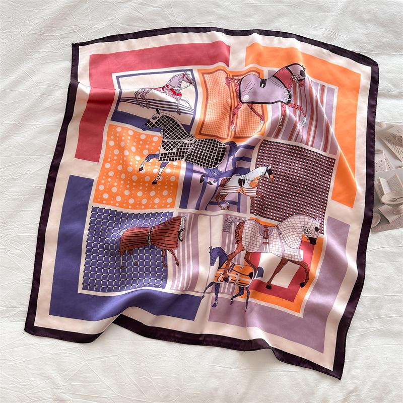 Grid color matching horse 71cm small square scarf imitation silk scarf headscarf printed neck protection scarf professional scarf scarf scarf