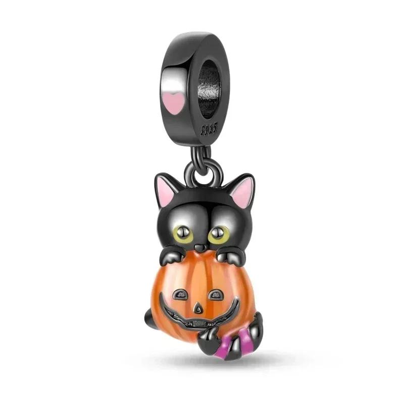 Authentic Original Copper Metal Halloween Perfect Gift Black Cat Spider Skull Pumpkin Ghost Bead Components Charm Bead Components Designed For Pan