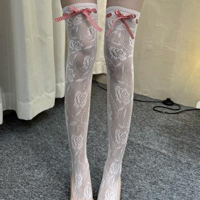 Women Flower Lace Fishnet Thigh Bowknot High Stockings Japanese Style Jk Girl Sweet Lace Trim Frilly Over Knee Long Socks