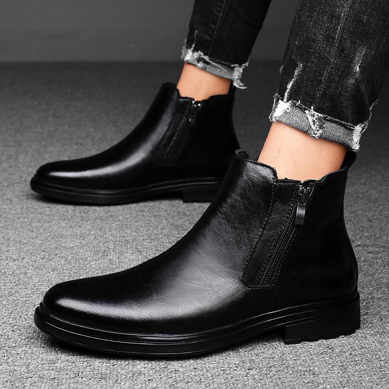 Men's Plus Size Retro Leather Round Toe Boots with Side Zipper - Breathable Cotton Low Heel Martin Boots.