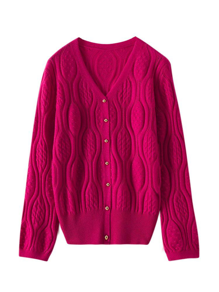 2024 Autumn/Winter Slimming V-Neck Hollow Knit Cashmere Cardigan